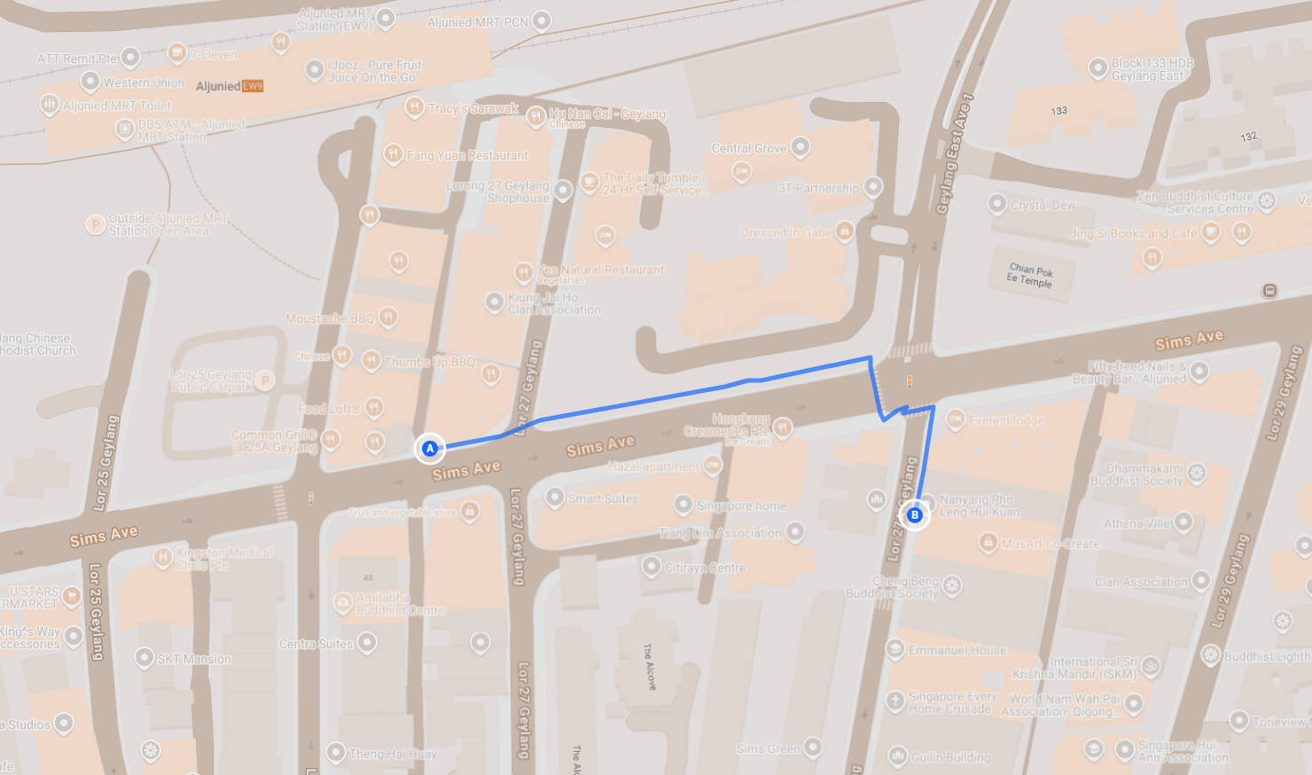 Map of bus stop 81011, Aft Aljunied Stn, and the walk to the studio