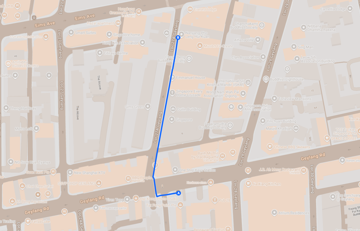 Map of bus stop 81029, Aft Lor 28, and the walk to the studio