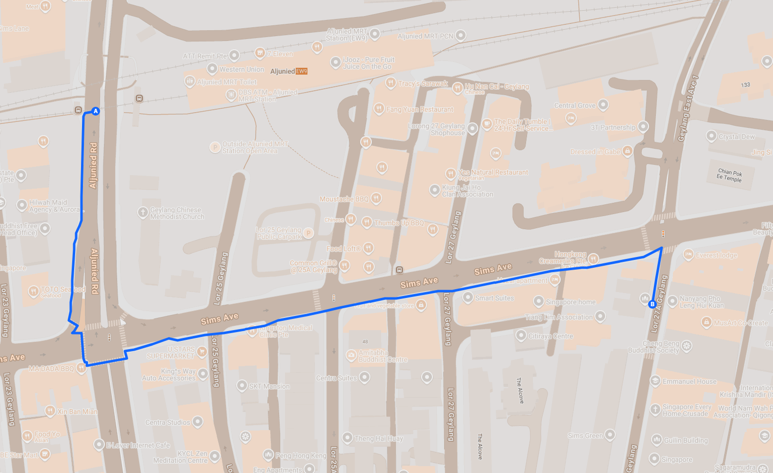 Map of bus stop 81081, Opp Aljunied Stn, and the walk to the studio