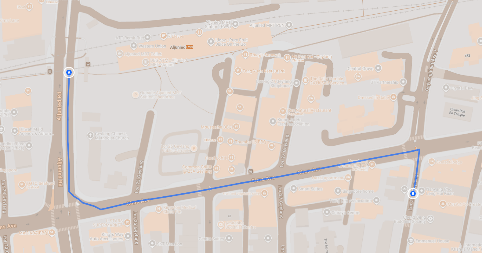 Map of bus stop 81089, Aljunied Stn, and the walk to the studio