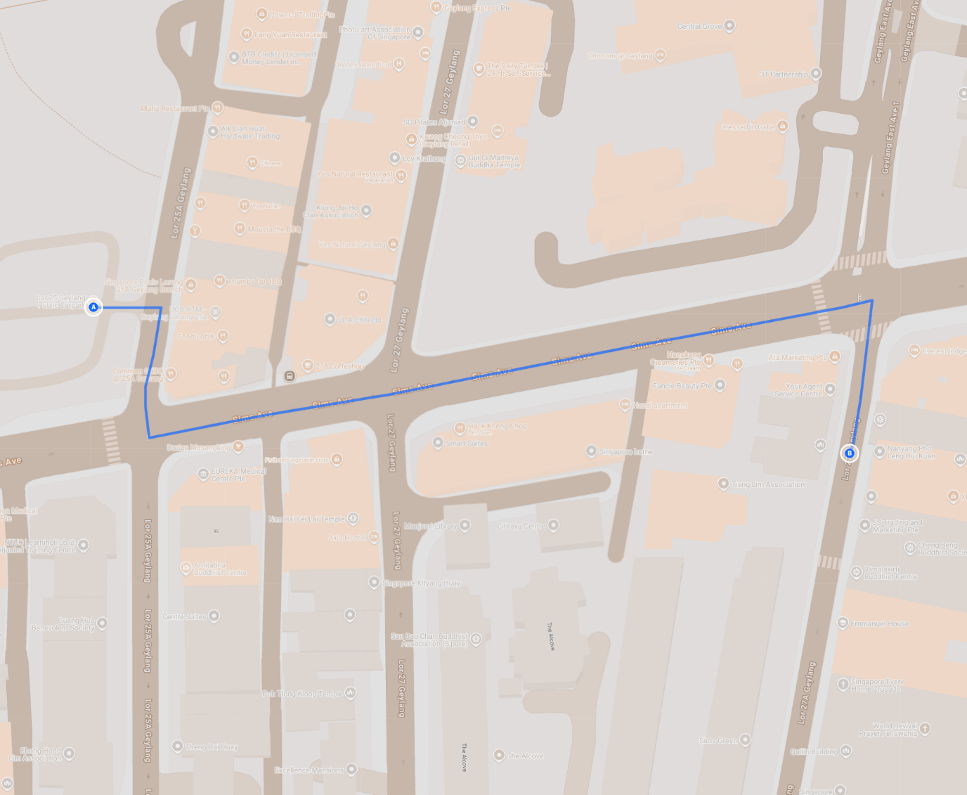 Map of Lor 25A Public Carpark and the walk to the studio