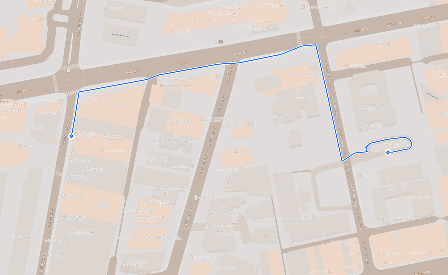 Map of Lor 31 Public Carpark and the walk to the studio