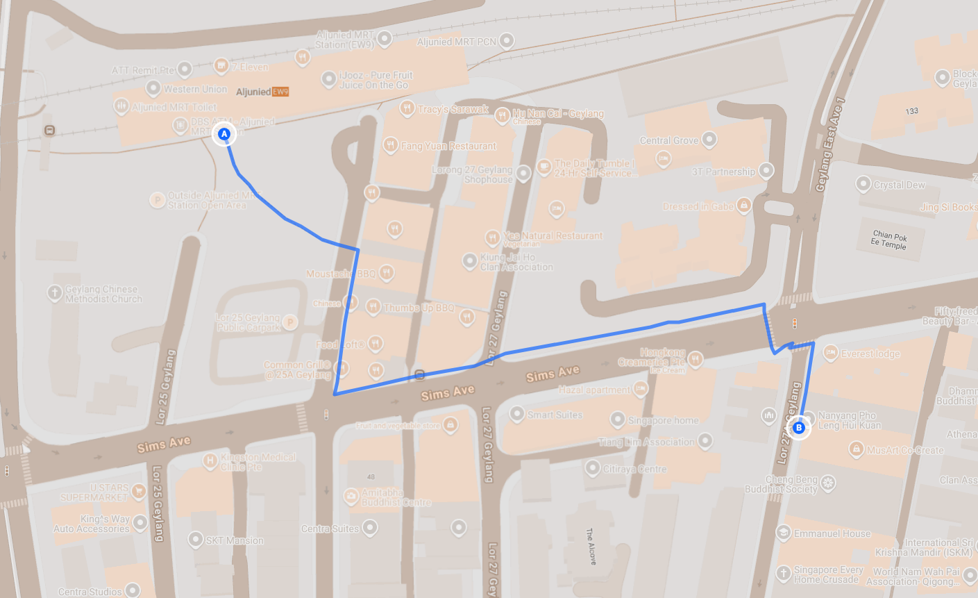 Walking route from Aljunied MRT station to the studio on Lorong 27A